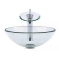 Przezroczysta szklana okrągła umywalka nablatowa HC6016 Veldman z baterią ze szklanym dyskiem
