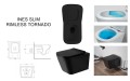 Czarna wisząca misa WC INES SLIM mat, widok z góry z podniesioną deską i z boku, rysunek techniczny, grafika systemu spłukiwania Rimless Tornado, aranżacja na tle łazienki