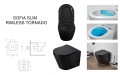Czarna wisząca misa WC SOFIA SLIM, widok z góry z podniesioną deską i z boku, rysunek techniczny, grafika systemu spłukiwania Rimless Tornado, aranżacja na tle łazienki