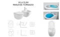 Biała wisząca misa WC oraz bidet VILA SLIM, widok z góry z podniesioną deską i z boku, rysunki techniczne oraz grafika systemu spłukiwania Rimless Tornado