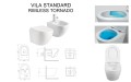 Biała wisząca misa WC oraz bidet VILA STANDARD, widok z góry z podniesioną deską i z boku, rysunki techniczne oraz grafika systemu spłukiwania Rimless Tornado