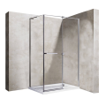 Kabina prysznicowa IBIZA Veldman wykonana z przezroczystego szkła hartowanego, z pojedynczymi drzwiami i chromowanymi zawiasami na beżowym tle