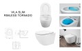 Biała wisząca misa WC VILA SLIM, widok z góry z podniesioną deską i z boku, rysunek techniczny, grafika systemu spłukiwania Rimless Tornado, aranżacja na tle łazienki