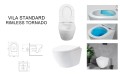 Biała wisząca misa WC VILA STANDARD, widok z góry z podniesioną deską i z boku, rysunek techniczny, grafika systemu spłukiwania Rimless Tornado, aranżacja na tle łazienki