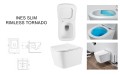 Biała wisząca misa WC INES SLIM, widok z góry z podniesioną deską i z boku, rysunek techniczny, grafika systemu spłukiwania Rimless Tornado, aranżacja na tle łazienki