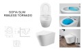 Biała wisząca misa WC SOFIA  SLIM, widok z góry z podniesioną deską i z boku, rysunek techniczny, grafika systemu spłukiwania Rimless Tornado, aranżacja na tle łazienki