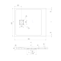 Rysunek techniczny brodzika 800 x 900 mm z odpływem o średnicy Ø90 mm, zlokalizowanym 200 mm od krawędzi, z profilem spadku i przekrojem odpływu Veldman.png