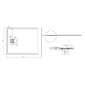 Rysunek techniczny brodzika 900 x 1200 mm z odpływem o średnicy Ø90 mm, zlokalizowanym 200 mm od krawędzi, z profilem spadku i przekrojem odpływu Veldman.png