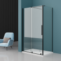 Kabina prysznicowa ODEA Veldman z przesuwnymi drzwiami wykonana z przezroczystego szkła z czarnymi okuciami, osadzona na białym brodziku na zielnym tle z fotelem obok.png