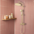 Złoty zestaw prysznicowy z deszczownicą i słuchawką na drążku zamontowany na różowej ścianie.png
