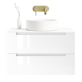 Szafka umywalkowa wisząca LINDA Veldman w kolorze białym, z białym blatem, z białą umywalką oraz złotą baterią ścienną