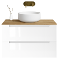 Szafka umywalkowa wisząca LINDA Veldman w kolorze białym, z blatem w kolorze dąb, z białą umywalką oraz złotą baterią ścienną
