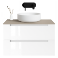 Szafka umywalkowa wisząca LINDA Veldman w kolorze białym, z blatem w kolorze kaszmir, z białą umywalką oraz czarną baterią ścienną