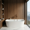 Wolnostojąca biała wanna przy drewnianej ścianie, z baterią Costa Veldman w kolorze miedzi szczotkowanej i dużym oknem z widokiem na góry.