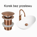 Korek klik klak Veldman bez przelewu w kolorze miedzi szczotkowanej oraz jego przedstawienie w białej umywalce.png