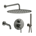 Zestaw podtynkowy prysznicowy COSTA VELDMAN z deszczownicą, ramieniem, wylewką, baterią, słuchawką, wężem i przyłączem w kolorze tytan szczotkowany