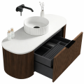 Szafka umywalkowa wisząca ryflowana VERNA Veldman w kolorze orzech z białym blatem,  białą umywalką oraz czarną baterią z wysuniętą szufladą