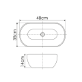 Rysunek techniczny umywalki nablatowej z wymiarami 48 x 35 x 14 cm
