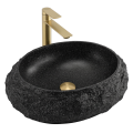 Kamienna czarna okrągła umywalka nablatowa ALENA Veldman z złotą szczotkowaną baterią