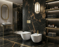 Nowoczesna łazienka z czarnym marmurem, złotymi akcentami, podwieszaną misą WC i bidetem Vito biała ze złotą krawędzią oraz podświetlanymi półkami.