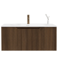 Szafka umywalkowa wisząca ryflowana VERNA Veldman w kolorze orzech z białą umywalką oraz baterią
