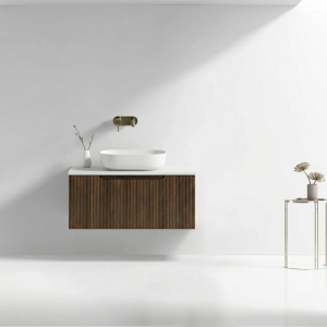 VELDMAN Szafka umywalkowa wisząca ryflowana z białym blatem LOTTA 80 orzech