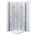 Kabina prysznicowa COMO DUO Veldman z przezroczystego szkła hartowanego, z dwoma otwartymi, złożonymi drzwiami w kolorze złoty szczotkowany, osadzona na białym brodziku