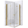 Kabina prysznicowa COMO DUO Veldman z przezroczystego szkła hartowanego, z dwoma składnymi drzwiami w kolorze złotym, osadzona na białym brodziku.png