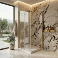 Nowoczesna kabina prysznicowa SEVIA DUO z marmurową ścianą, złotymi detalami i dużym oknem z widokiem na ogród..png