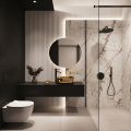Nowoczesna łazienka o minimalistycznym designie z marmurową ścianą prysznica i elegancką złotą umywalką  Atlanta