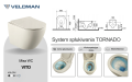 Beżowa wisząca misa WC VITO SLIM, rysunek techniczny oraz aranżacja na tle ściany, grafika systemu spłukiwania Rimless Tornado