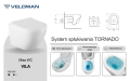 Biała wisząca misa WC VILA SLIM, widok z góry z podniesioną deską i z boku, rysunek techniczny, grafika systemu spłukiwania Rimless Tornado