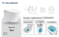 Biała wisząca misa WC VILA STANDARD, widok z góry z podniesioną deską i z boku, rysunek techniczny, grafika systemu spłukiwania Rimless Tornado