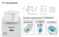 Biała wisząca misa WC INES SLIM, widok z góry z podniesioną deską i z boku, rysunek techniczny, grafika systemu spłukiwania Rimless Tornado