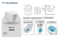 Biała wisząca misa WC SOFIA STANDARD, widok z góry z podniesioną deską i z boku, rysunek techniczny, grafika systemu spłukiwania Rimless Tornado